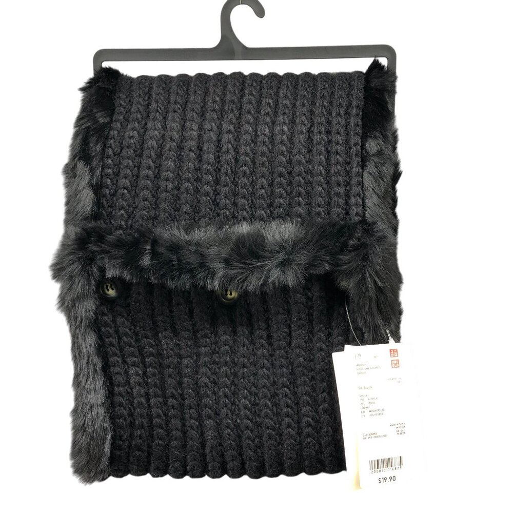 NWT Uniqlo Faux Shearling Snood Womens OS Black Reversible Scarf Wool Blend